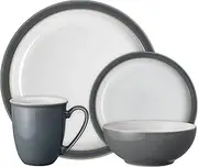 [Denby] Elements Fossil Grey Dinner Set for 1-4 Piece Ceramic Tableware - Dishwasher Microwave Safe Crockery Single Place Setting - 1 x Dinner Plate, 1 x Small Plate, 1 x Cereal Bowl, 1 x Coffee Mug