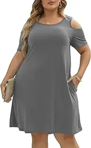 [Nemidor] Women's Cold Shoulder Plus Size Casual T-Shirt Swing Dress with Pockets (26, Grey)