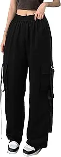[Generic] Women's Cargo Sweatpants Cozy High Waist Wide Leg Athletic Joggers Pants Stretch Drawstring Trousers with Pockets
