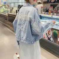 在飛比找momo購物網優惠-【BBHONEY】韓風蕾絲拼接甜美牛仔外套(網美必備款)