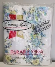 Vintage Famous Make Double Flat Sheet White: Yellow, Blue, Green Floral Pattern