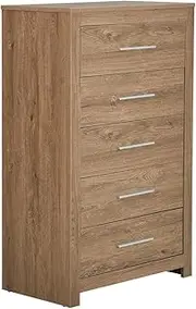 HEQS Jason Wooden 5 Drawer tallboy/Chest, Dark Oak, MDF, Particleboard Frame, Metal Runners and Handles, Storage, Bedroom Furniture
