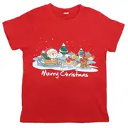 New Kids Christmas Xmas T Shirt Tee Tops 100% Cotton Boys Girls Gift Red White - Santa Claus Sleigh (Red)