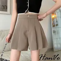 在飛比找momo購物網優惠-【HanVo】現貨 完美打摺高腰西裝短褲(百搭休閒西裝短褲 
