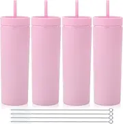 [Volhoply] 20oz Plastic Skinny Tumblers Bulk 4 Pack,Double Wall Tumbler with Lid and Straw,Reusable Travel Iced Coffee Mug,BPA Free Matte Acrylic Water Cups With Straw for Parties,DIY Gifts(Pink, 4 Set）