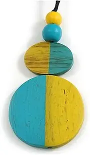 [Avalaya] Double Bead Yellow/Turquoise Washed Wood Pendant with Black Cotton Cord - 80cm Max/ 12cm Pendant, Wood cords