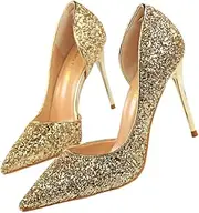[SAFIGLE] Fashionable Sequins Pointed Toe High Heels Thin Heel Dress Shoes for Party Size 38 Eu38 Us7 Uk4.5 Golden