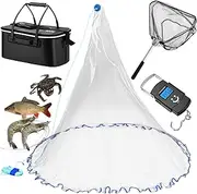 Threehoney Set of 4 Saltwater Fishing Cast Net, Foldable Fish Bucket, Folding Fishing Landing Net, and 110lb Digital Scale, 6 Gallon Live Fish Bait Bucket