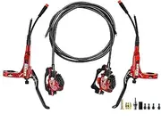 Electric Bicycle Hydraulic Brake Set, 4 Piston Dual Brake Left Front Right Rear Disc Brake Set 2000/1900mm, Aluminum Alloy CNC Ultra-Light(Red)