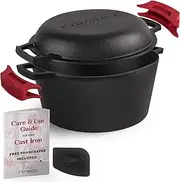 Cast Iron Dutch Oven - 5-Quart Deep Pot - Pre-Seasoned 2-in-1 Multi-Cooker - Combo Lid Doubles as 10"-inch Skillet Frying Pan + Silicone Handle Covers + Scraper - Indoor/Outdoor Kitchen Cookware Bread