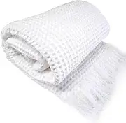 100% Cotton Chunky Large Waffle Blanket Tassel Chenille Throw Rug 180x230cm (White)