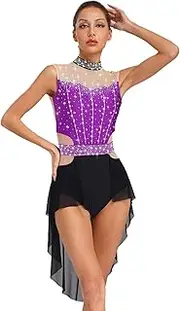 [Jugaoge] Women's Shiny Rhinestone Lyrical Ballet Dance Costume Color Block Mesh Patchwork Skirted Leotard