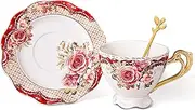 [fanquare] 7oz Vintage Royal Style Coffee Cup with Saucer, Red Floral Porcelain Tea Cup, 3 Piece Coffee Tea Cup and Saucer Set with Spoon
