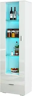 Tallboy Cabinet Glass 4 Shelf Storage & 1 Drawer Storage Display Cupboard High Gloss Front LED Light 190cm White