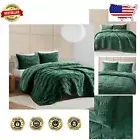 Stylish Forest Green King Velvet Quilt Set with Geometric Shams - Easy Care