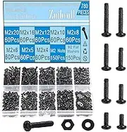 780Pcs M2x4/5/6/8/10/12/16/20mm Phillips Pan Head Screws Black Metric Machine Screws Small Screw Fully Threaded Carbon Steel Fastener Bolts Nuts Washers Assortment Kit