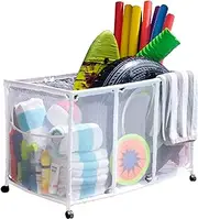 Pool Bins Pool Noodles Holder, Toys, Balls and Floats Equipment Mesh Rolling Storage Organizer Bin, Great Height for Kids, (25" L x 43" W x 28" H), White