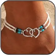 [Aluinn] Boho Double buckle heart Silver Anklet - Boho Beach Jewelry white bead, turquoise Double love Hearts Charms Summer Vacation/Gift Giving, Trendy & Cute Foot Accessories for women, normal, Alloy,