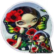 Lovely Big Eyed Butterfly Fairy with Red Poppies Round Beach Towel