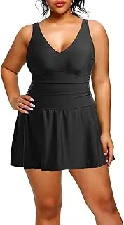 [Holipick] Women Plus Size One Piece Swim Dress Tummy Control Swimsuit with Skirt