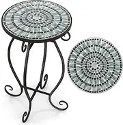 Giantex Outdoor Side Table, Mosaic Patio Table, 12 inch Accent Table Plant Stand, Ceramic Tile Top Metal Frame, Small End Table Porch Beach Patio Garden Balcony Poolside (Wave)