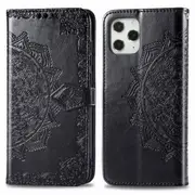 For iPhone 12 / 12 Pro Case, Halfway Mandala Folio PU Leather Case, Card Slots, Wallet, Lanyard, Black