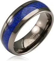 [100S JEWELRY] Gunmetal Tungsten Rings for Men, Blue Lapis Lazuli Inlay, Dome Shape, Wedding Engagement Promise Band, Sizes 6-16