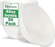 Bionutrio 40oz Large Disposable Bowls, 50 Pack Compostable Paper, Heavy Duty for Hot Soup, White Bagasse, Microwavable Safe for Salad Cereals, Snacks