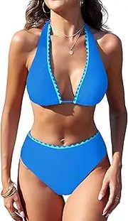 [ZAFUL] Womens High Waisted Bikini Sets Halter Floral Shell Stitch 2 Piece Swimsuits V Neck Tummy Control Bathing Suits