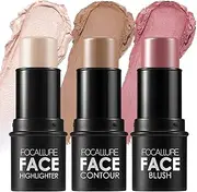 FOCALLURE 3 Pcs Cream Contour Sticks,Shades with Highlighter & Bronzer & Blush,Non-greasy and Water-resistant Face Contouring Pen,Easy to Sculpt the Face and Create a Lightweight Finishing Makeup,LIGHT-MEDIUM