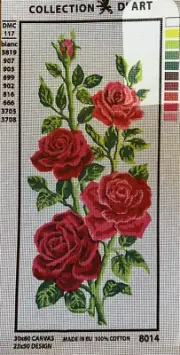 needlepoint Tapestry Gobelin Canvas Only 30x60 Cm Red Roses Rto