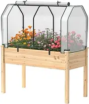 Costway Mini Greenhouse for Raised Garden Bed, Elevated Planter Box Protected by Greenhouse Cover, Wooden Planter Box w/ Greenhouse Cover for Vegetables, Flowers, Fruits, Herbs (Natural (Garden Bed))