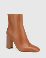 Peggie Dark Cognac Leather Block Heel Ankle Boot