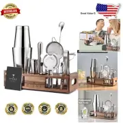 Deluxe 15-Piece Bartender Kit – Stainless Steel Tools with Elegant Walnut Stand
