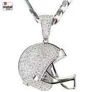 Men's Football Helmet Iced Pendant Silver Plated Cuban Chain Necklace BCH 1149 S