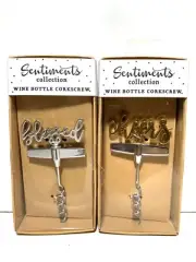 2 Sentiments Collection Wine Bottle Corkscrew~ CHEERS In Gold, BLESSED In Sliver