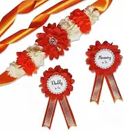 PANBINN Maternity Sash and Corsage Set 3pcs, Mommy and Daddy to Be Corsage and Rhinestones Flower Maternity Sash for Pregnancy Photo Props for Baby Shower Gifts, Orange