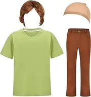 HMPRT Halloween Deluxe Adult Costume for Men, Brown Wig, Green T-Shirt and Brown Pants, Brown, Medium