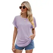 Lightweight Women T-Shirt Breathable Fabric Curved Hem Blouse Eyelet Embroidery Short Sleeve Tunics Tee for Casual Out Purple S