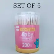 DAISO Baby Cotton Bud thin swab 200pcs ear clean Q-tips set of 5 Japan NEW FS