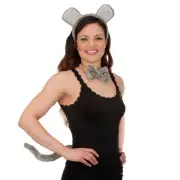 PLUSH GREY MOUSE COSTUME ACCESSORY SET KIT EARS HEADBAND TAIL BOW TIE GRAY