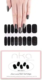 NKA Semi Cured Gel Nail Polish Strips, 16 Extra Long Double Ended Strip Wraps, UV LED Lamp Curing Stickers- Midnight Black