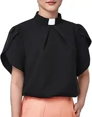 [CAMDOM] Womens Church Clergy Shirt Tab Collar Front Pleated Petal Sleeve Blouse Top