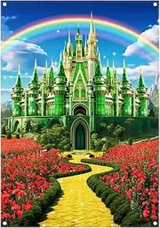 Yriujul 5x7ft Polyester Green Castle Backdrop Yellow Brick Road Rainbow Sky Photography Background Floral Banner Party Decorations Photo Props