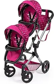 Bayer Design 26267AA Twin Pram, Doll Carriage, Height-adjuable Handle, Foldable, with Bag and Integrated Shopping Basket, Compatible with EasyGo, Burgundy, red, Dotted with Fairy