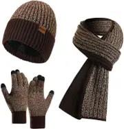 Beanie Hat Scarf Touch Screen Gloves Set Winter Warm Thick Knit For Men And Women Brown