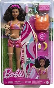 Barbie HPL69 Surf Doll Articulated Mannequin Brown Surfboard Puppy Themed Accessories Children's Toy from 3 Years