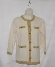 Linea by Louis Dell'Olio Lurex Trim Button Front Sweater Coat Size S Ivory