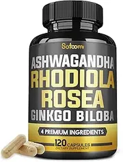 SATOOMI Ginkgo Biloba + Rhodiola Rosea + Ashwagandha Capsules - Extra Strength - Brain Supplement Pills for Memory, Focus, Energy & Immnue System Support - 120 Vegan Capsules