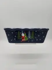 Nantucket Ceramic Mini Loaf Pan Santa Claus Winter Scene Navy Blue NEW 6" x 3"